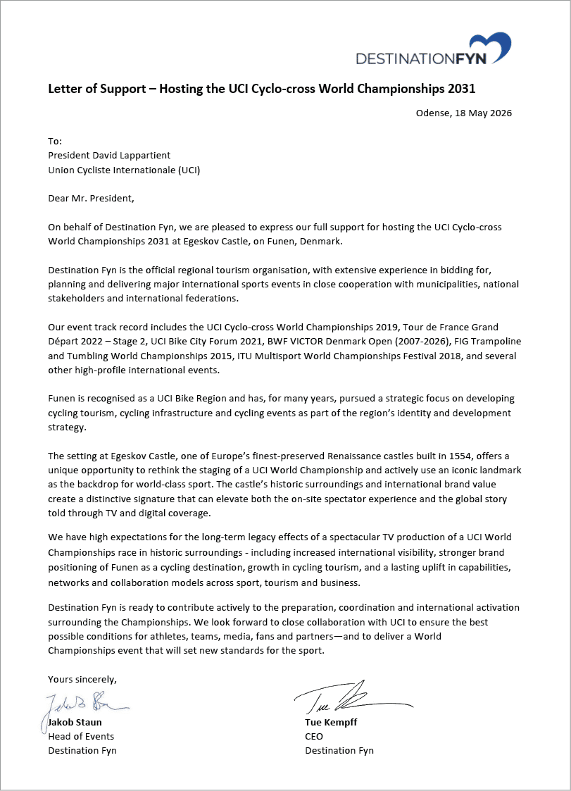 A letter of support for hosting the UCI Cycle Cross World Championship in 2011. Description generated by AI